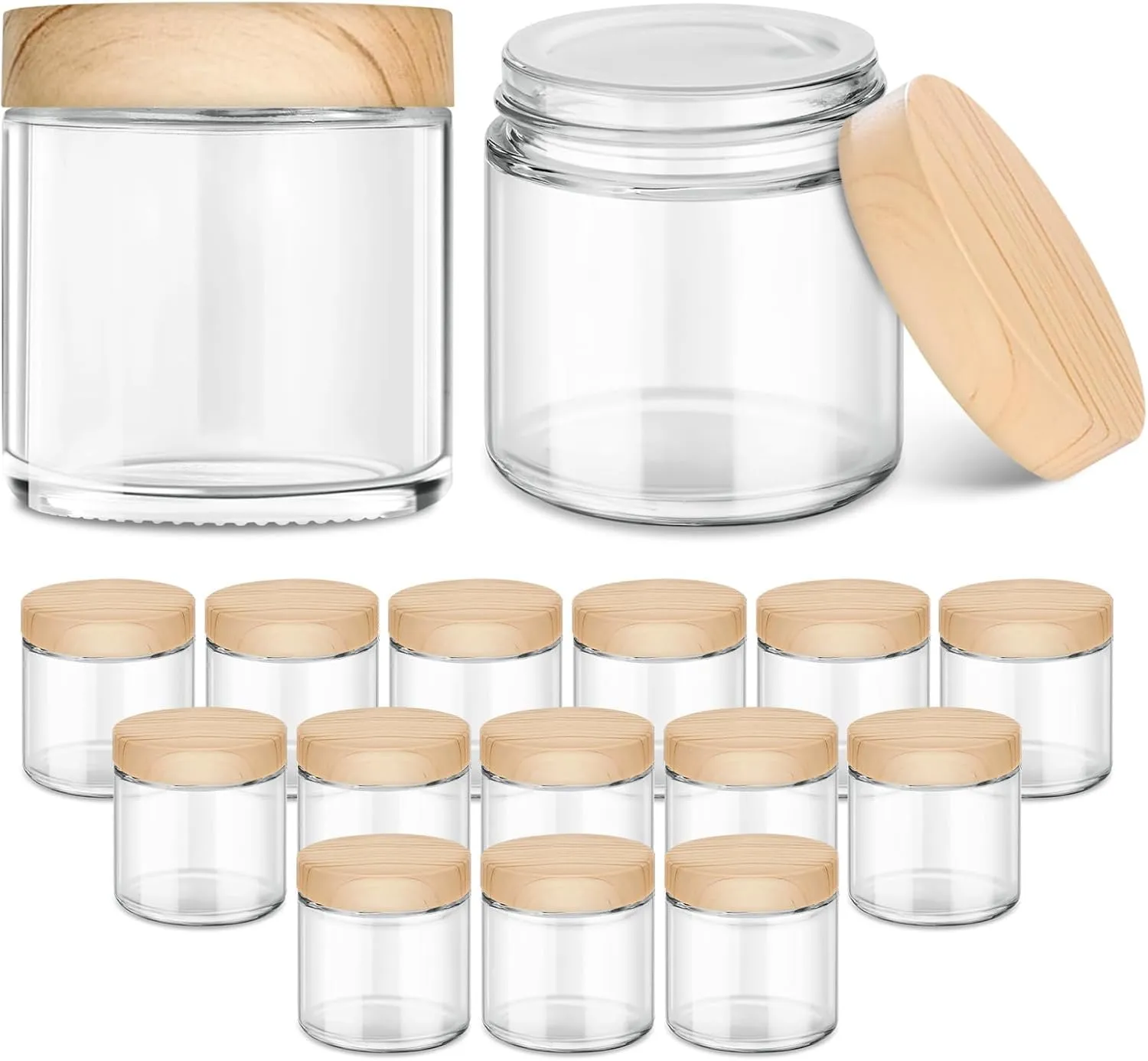 16 Pack Small Glass Jars with Lids, 4 oz Glass Containers with Plastic Woodgrain Lids & Inner Liners, Reusable Travel Containers for Creams, Makeup, Lotion, Cosmetic, Ointment
