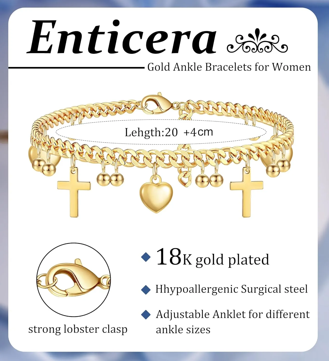 18K Gold Ankle Bracelets for Women Stainless Steel Hypoallergenic Anklets Waterproof Cuban Link Heart Cross CZ Cuban Link Anklets StyleD
