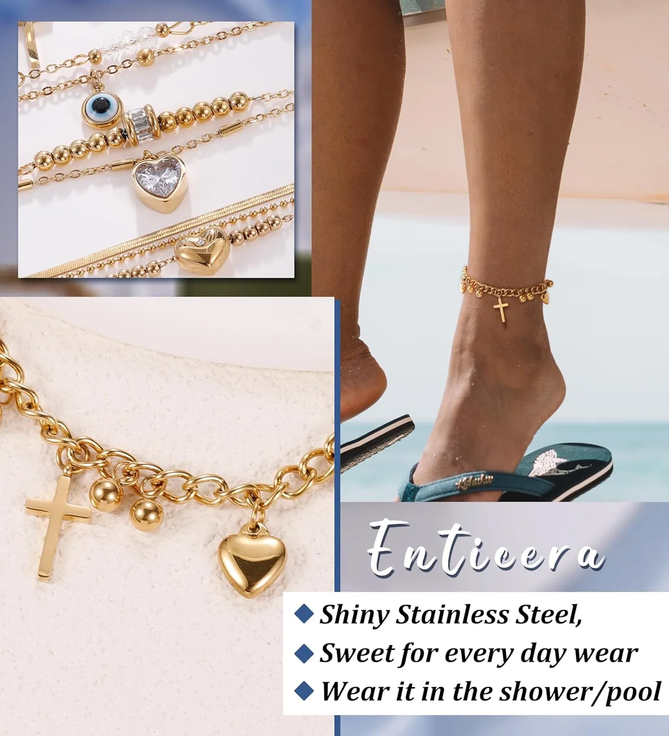 18K Gold Ankle Bracelets for Women Stainless Steel Hypoallergenic Anklets Waterproof Cuban Link Heart Cross CZ Cuban Link Anklets StyleD