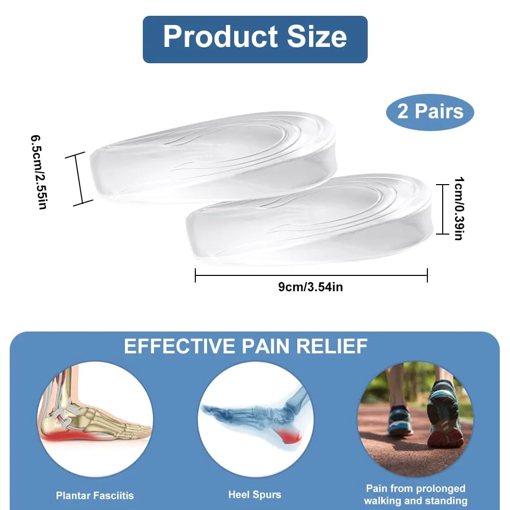 2 pairs of gel heel pads, 1 cm heel wedge Achilles tendon, heel spur Achilles tendon insoles gel, transparent height increase insoles, silicone heel cushion increase for men and women