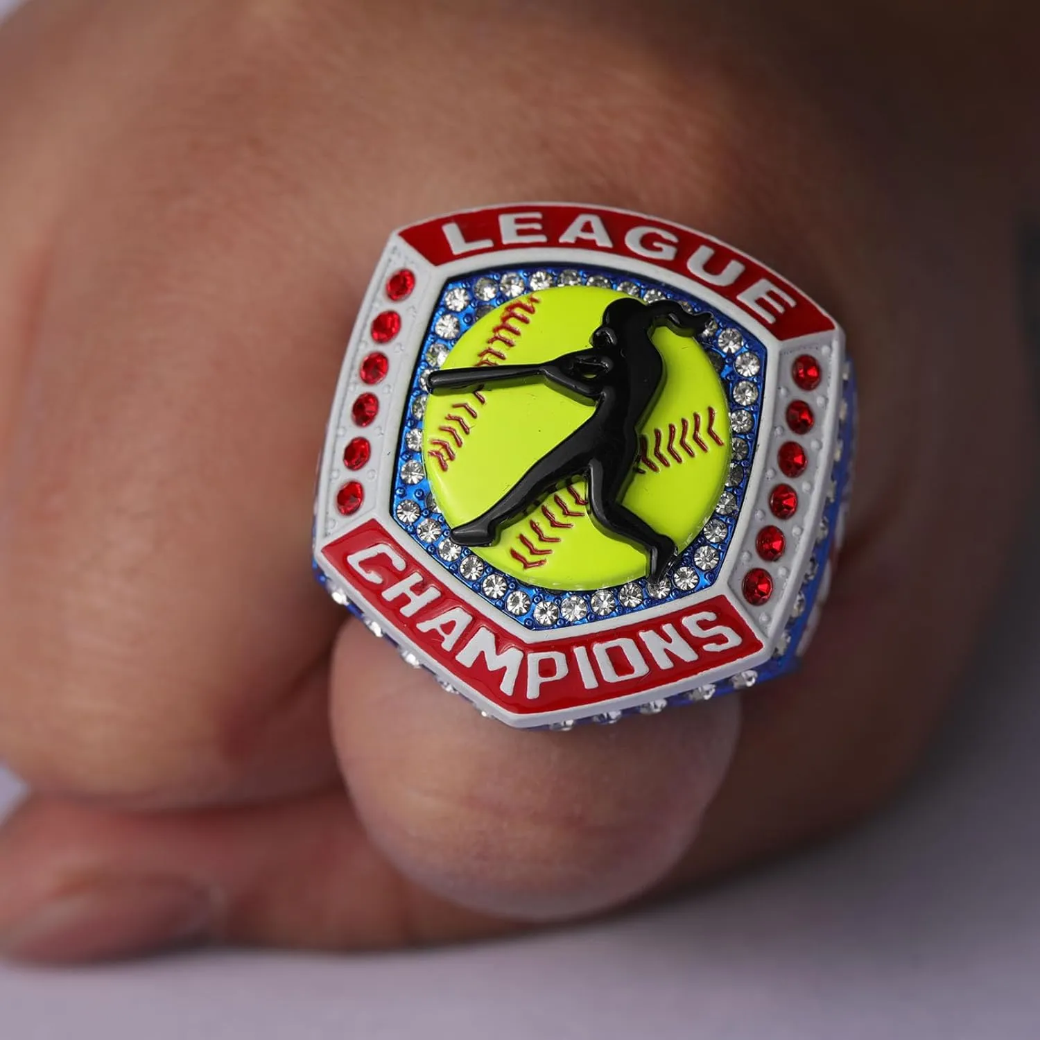 2 pcs,12 pcs Pack 2025 Trophy Softball Awards League Blue Champions red Finalist Ring Finger Size 9.5 and Size 11.5