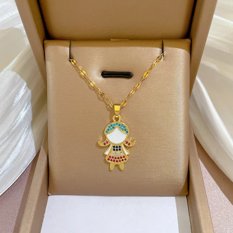 316L Stainless Steel Colorful Rhinestones Little Girl Pendant Necklace For Women