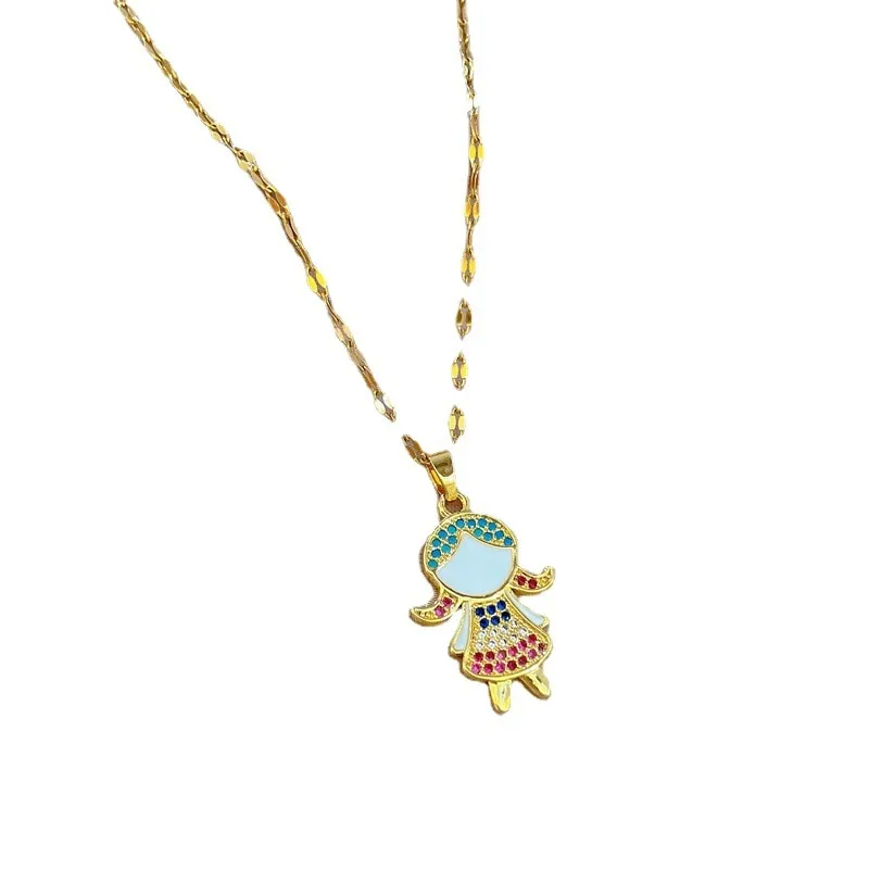 316L Stainless Steel Colorful Rhinestones Little Girl Pendant Necklace For Women