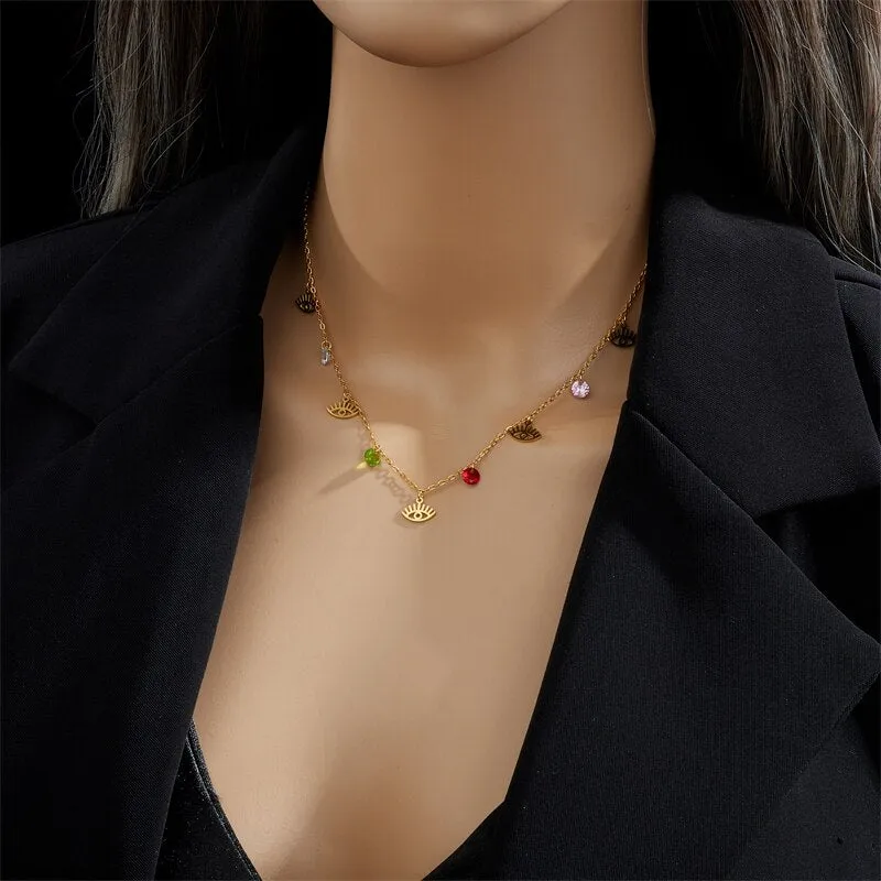 316L Stainless Steel Colorful Zircon Eye Shape Pendant Necklace For Women