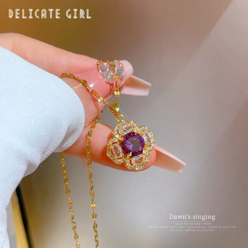 316L Stainless Steel Purple Zirconia Flower Pendant Necklace For Women