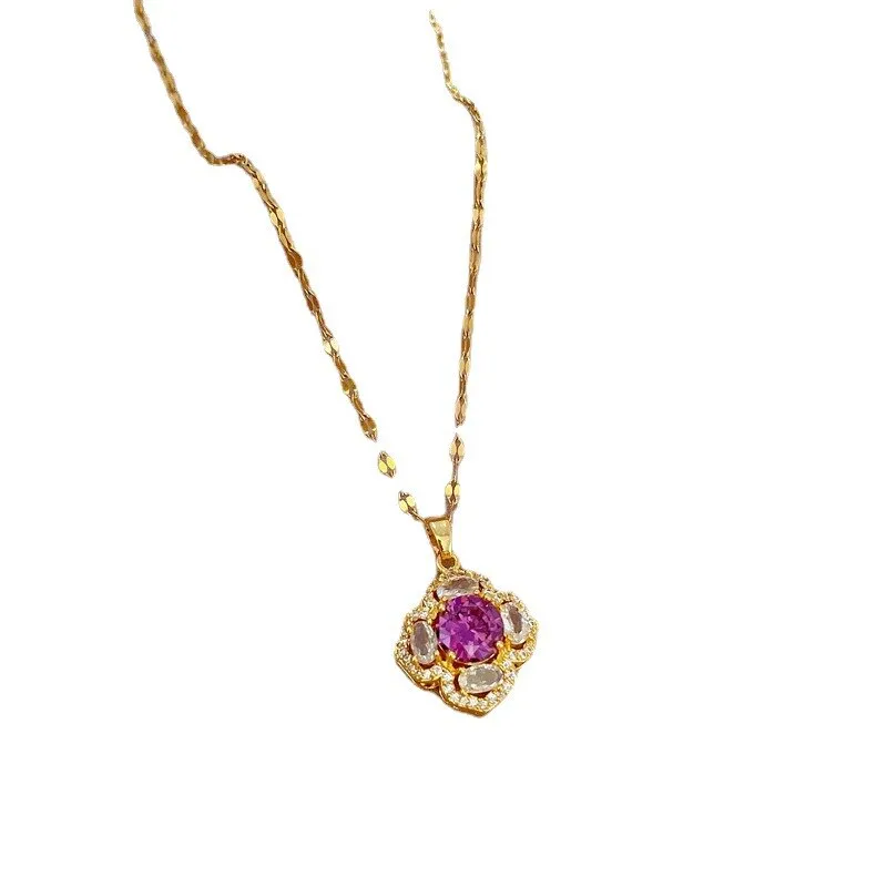 316L Stainless Steel Purple Zirconia Flower Pendant Necklace For Women
