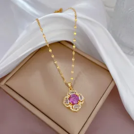 316L Stainless Steel Purple Zirconia Flower Pendant Necklace For Women