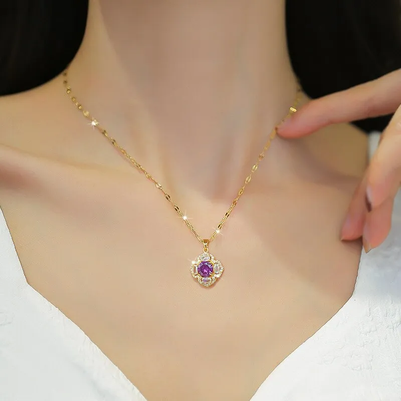 316L Stainless Steel Purple Zirconia Flower Pendant Necklace For Women