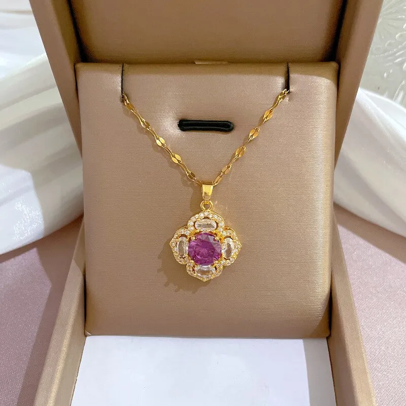 316L Stainless Steel Purple Zirconia Flower Pendant Necklace For Women