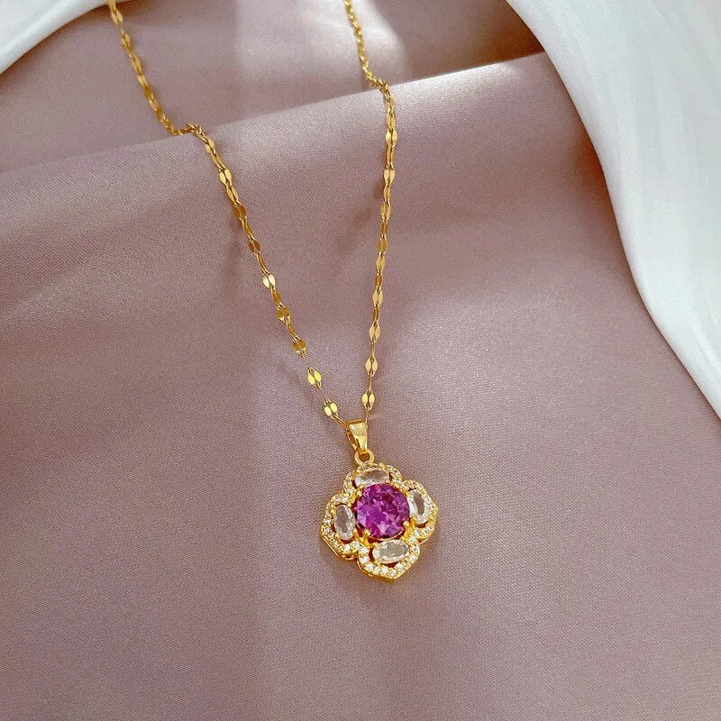 316L Stainless Steel Purple Zirconia Flower Pendant Necklace For Women