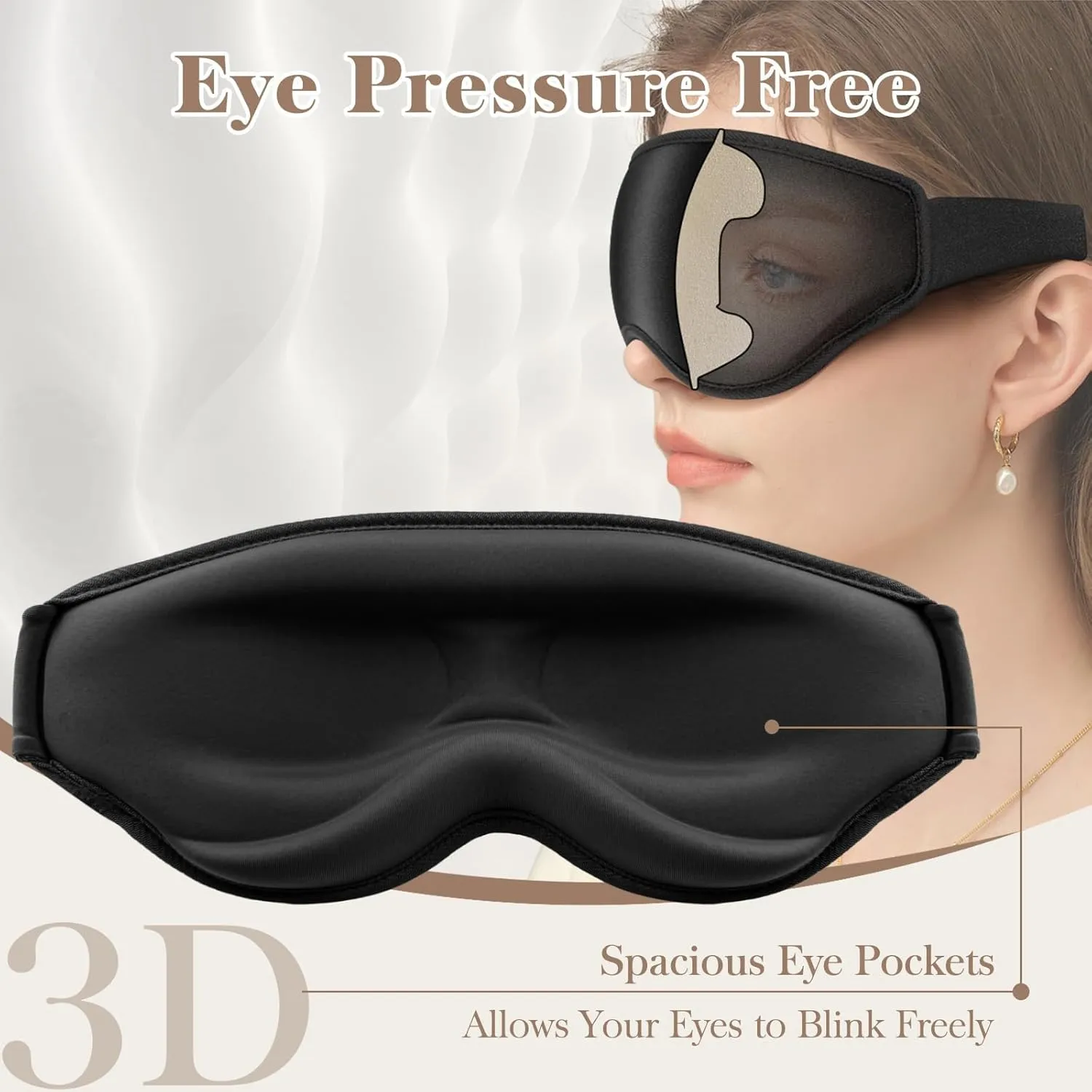 3D Eye Mask Sleep Mask for Men & Women, 100% Pressure-Free & Light Block-Out Eye Mask for Sleep with Easy Adjustable Strap, Night Eye Cover for Travel, Black