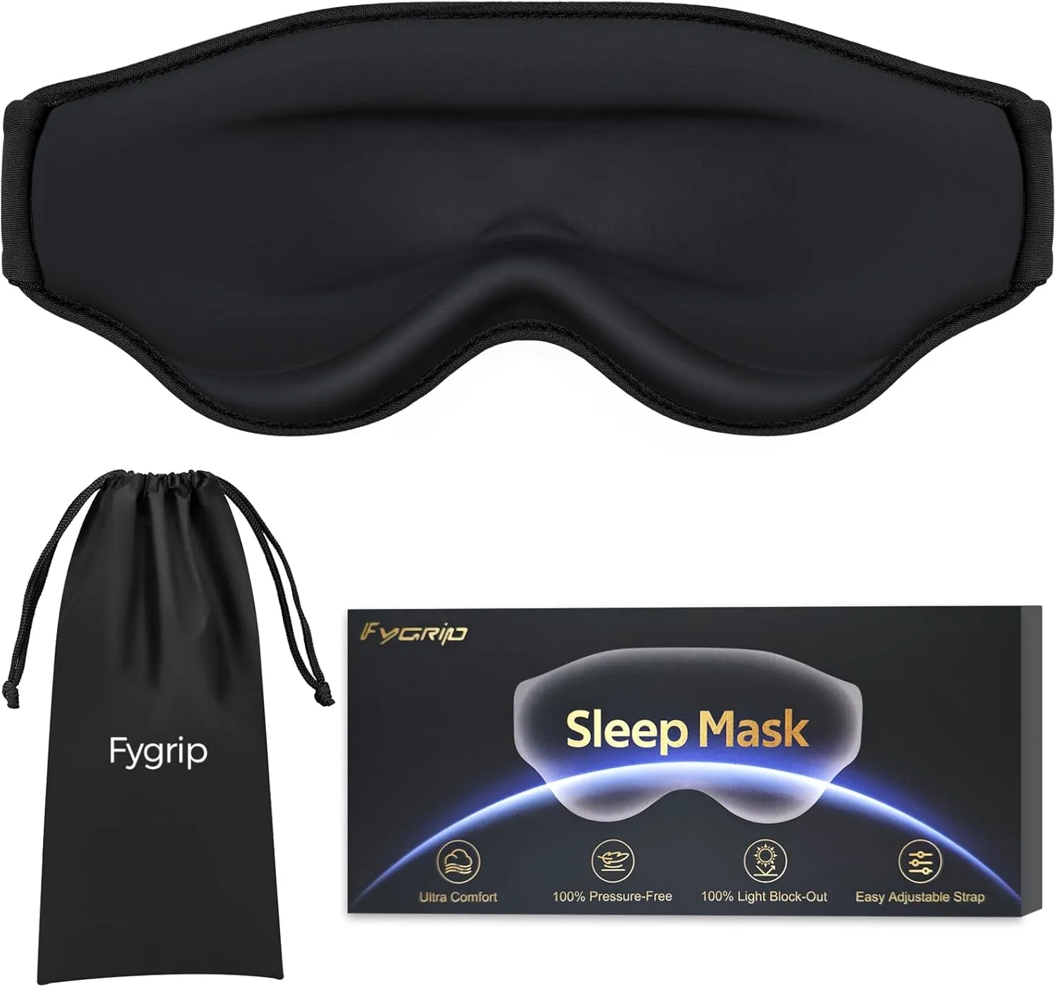 3D Eye Mask Sleep Mask for Men & Women, 100% Pressure-Free & Light Block-Out Eye Mask for Sleep with Easy Adjustable Strap, Night Eye Cover for Travel, Black