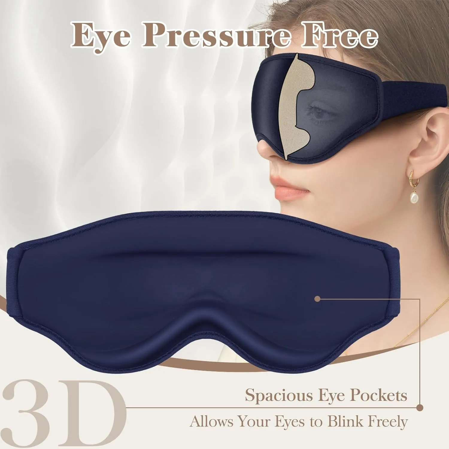 3D Eye Mask Sleep Mask for Men & Women, 100% Pressure-Free & Light Block-Out Eye Mask for Sleep with Easy Adjustable Strap, Night Eye Cover for Travel, Blue