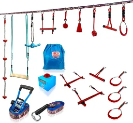 40' Extreme Ninjaline Kit w/ 15ft Extension Line - Includes 15 Attachments Obstacle Course Set - Build Your Very Own Backyard Course - Rated Ages 5 