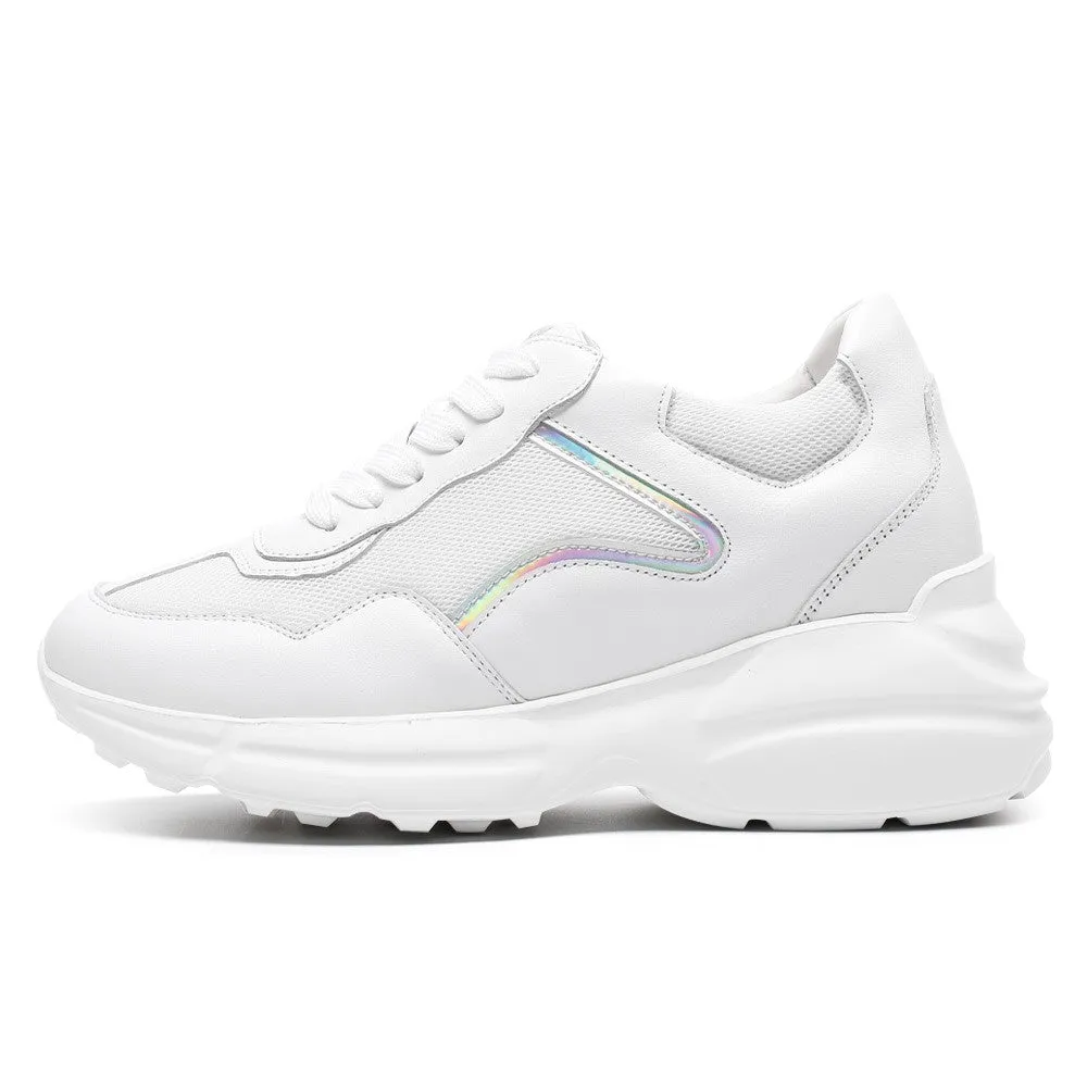 8CM/3.15 Inches CMR CHAMARIPA White Leather & Mesh Height Increasing Sneakers for Women