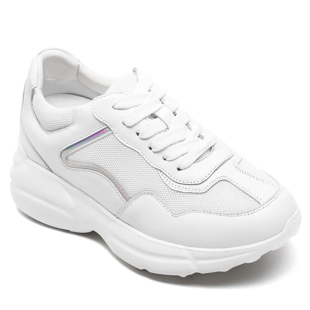 8CM/3.15 Inches CMR CHAMARIPA White Leather & Mesh Height Increasing Sneakers for Women