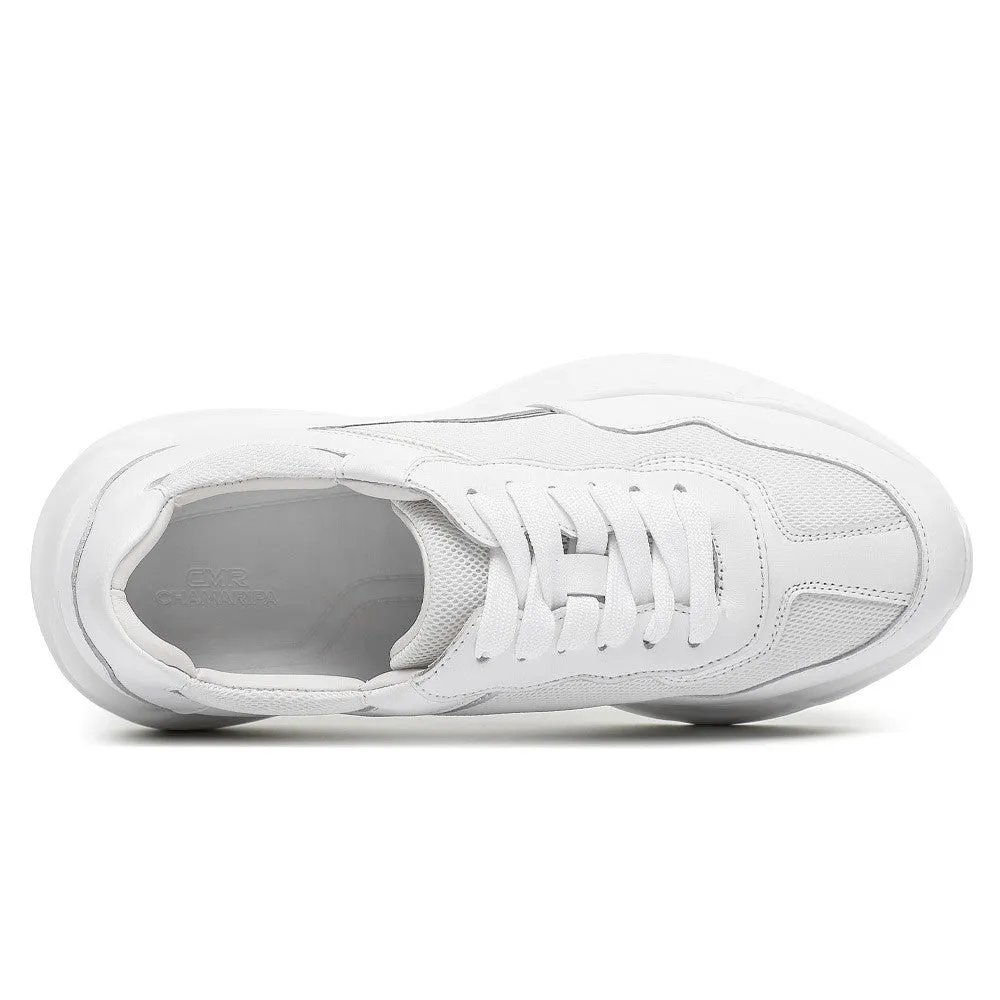 8CM/3.15 Inches CMR CHAMARIPA White Leather & Mesh Height Increasing Sneakers for Women