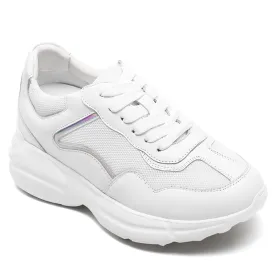 8CM/3.15 Inches CMR CHAMARIPA White Leather & Mesh Height Increasing Sneakers for Women