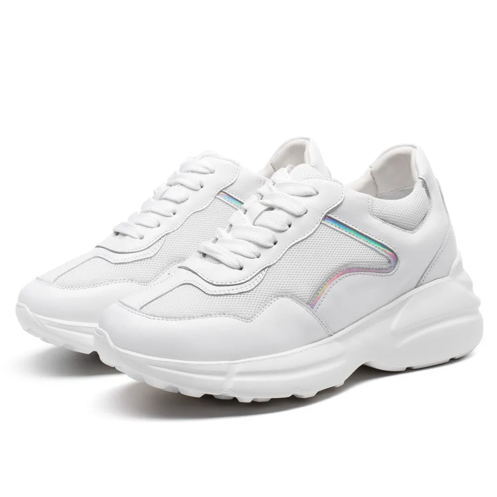 8CM/3.15 Inches CMR CHAMARIPA White Leather & Mesh Height Increasing Sneakers for Women