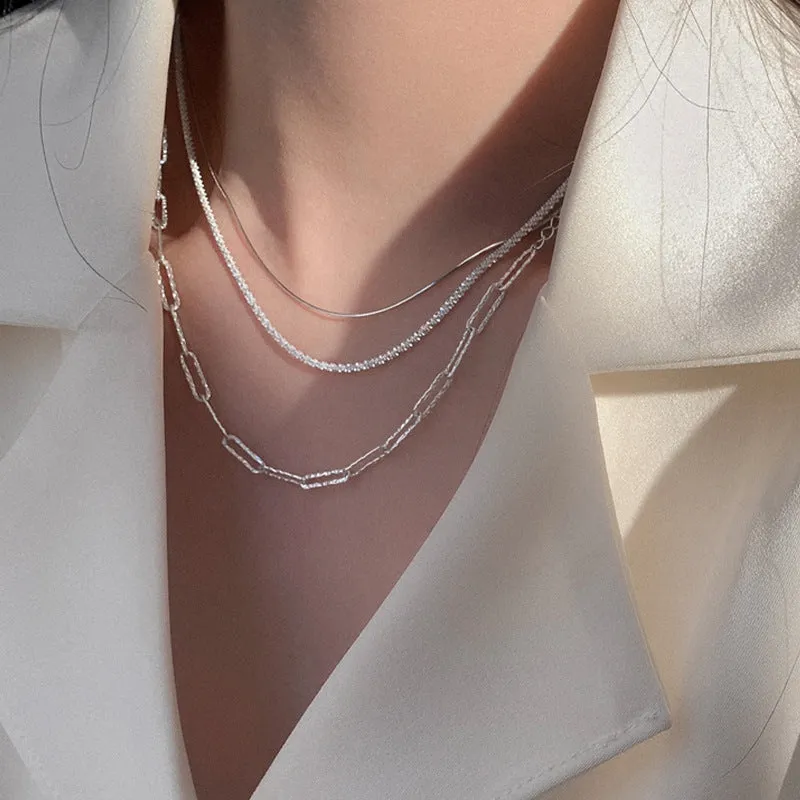 925 Silver Sparkling Necklace Vintage Temperament Clavicle Chain Twin Necklace