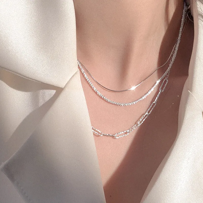 925 Silver Sparkling Necklace Vintage Temperament Clavicle Chain Twin Necklace