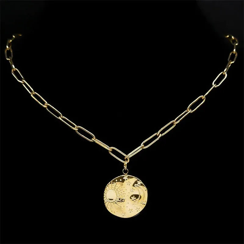 Aesthetic Moon Sun Star Necklace Stainless Steel Gold Color Clavicle Chain
