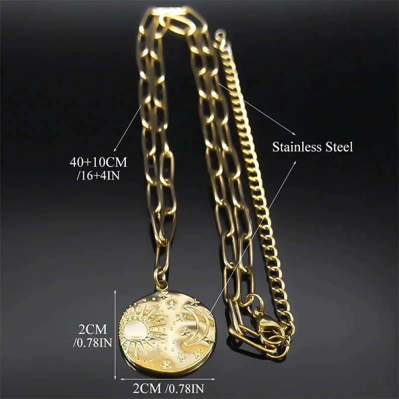 Aesthetic Moon Sun Star Necklace Stainless Steel Gold Color Clavicle Chain