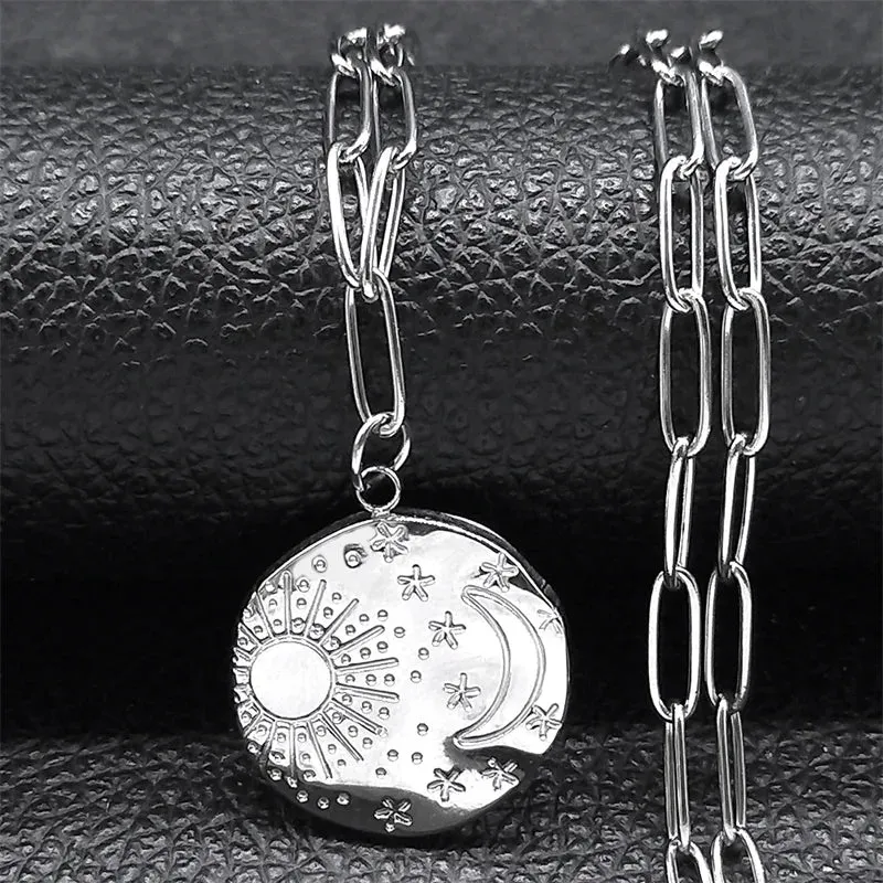 Aesthetic Moon Sun Star Necklace Stainless Steel Gold Color Clavicle Chain