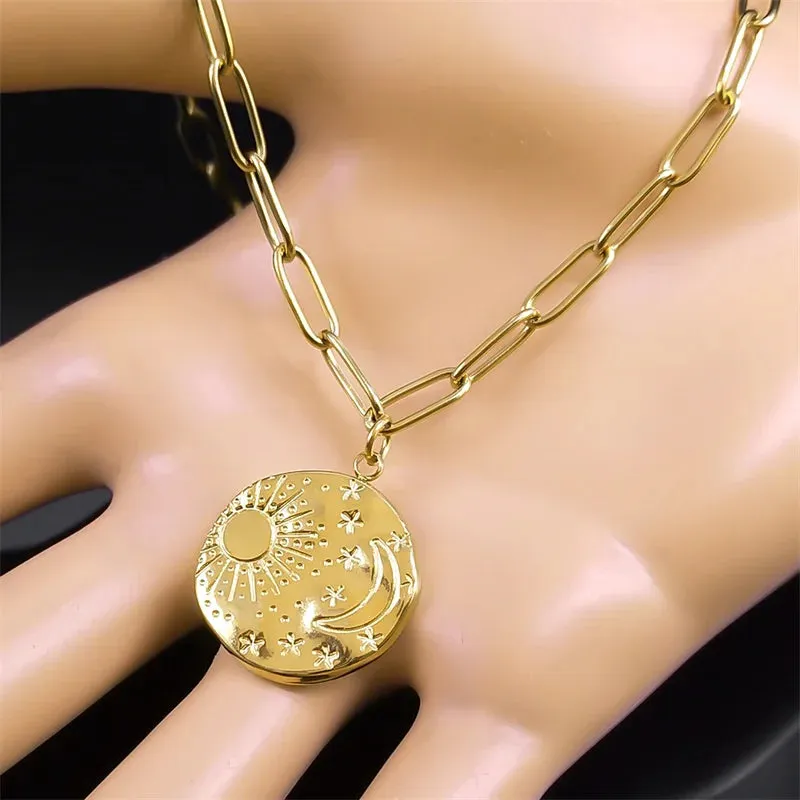 Aesthetic Moon Sun Star Necklace Stainless Steel Gold Color Clavicle Chain