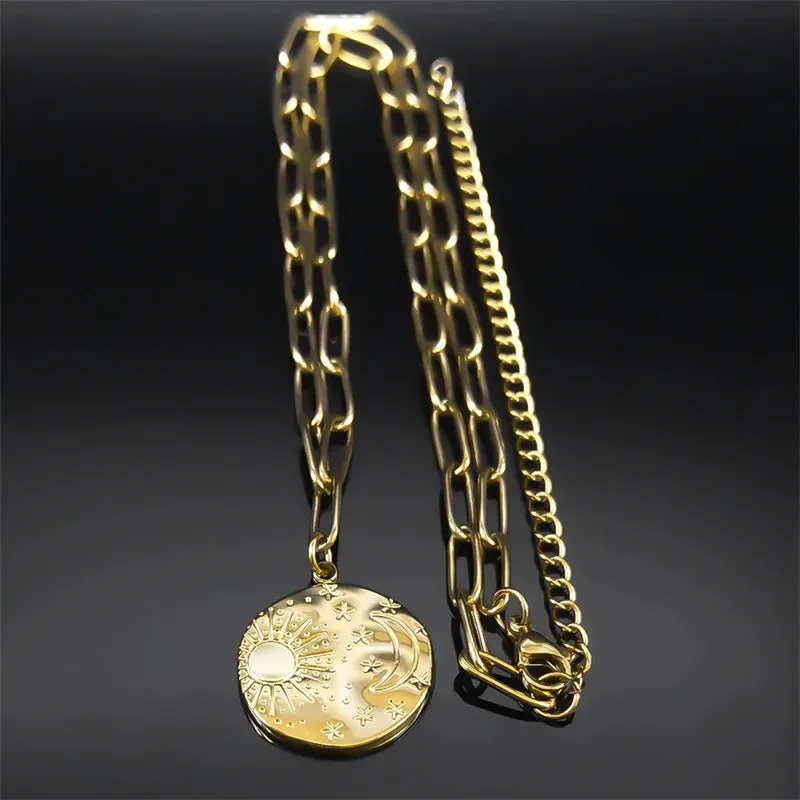 Aesthetic Moon Sun Star Necklace Stainless Steel Gold Color Clavicle Chain