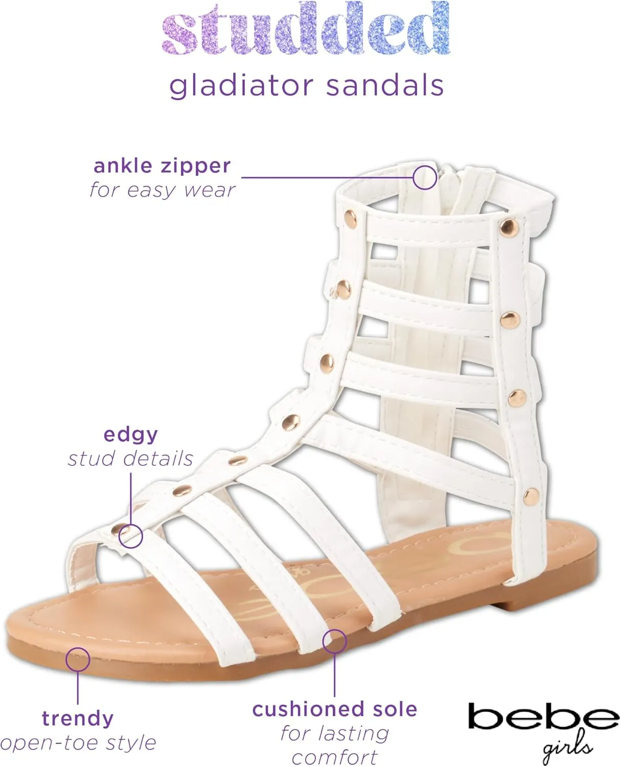bebe Toddler Girls Sandals - Lightweight Leather Open Toe Summer Dressy Flat Strappy Girls Gladiator Sandals