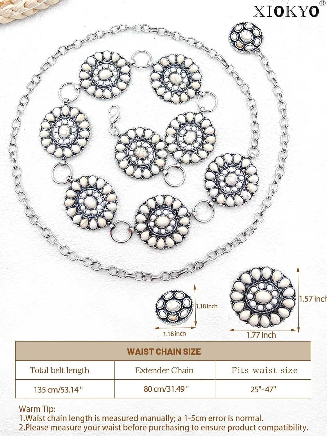 Boho Turquoise Concho Belt Silver Metal Western Turquoise Belts Waist Chain Belt for Women Dress