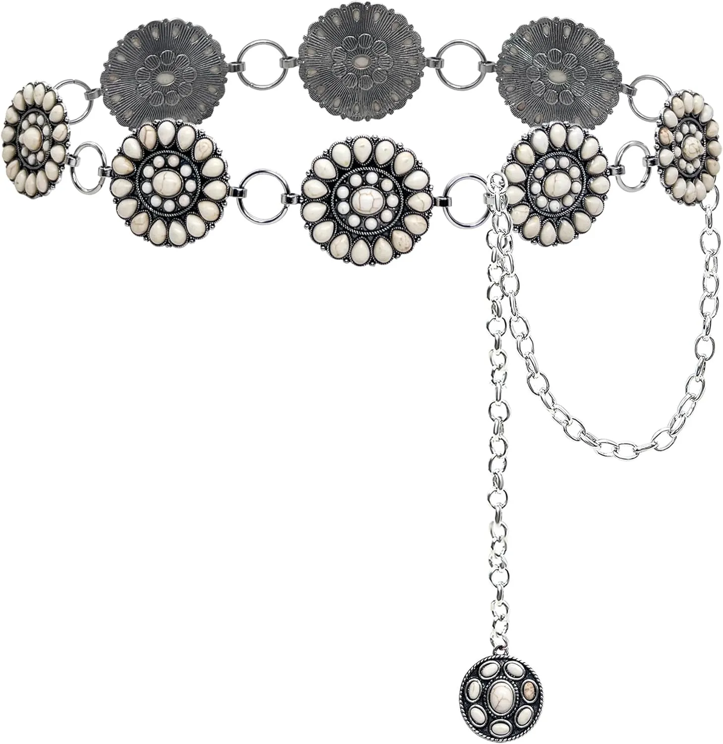 Boho Turquoise Concho Belt Silver Metal Western Turquoise Belts Waist Chain Belt for Women Dress