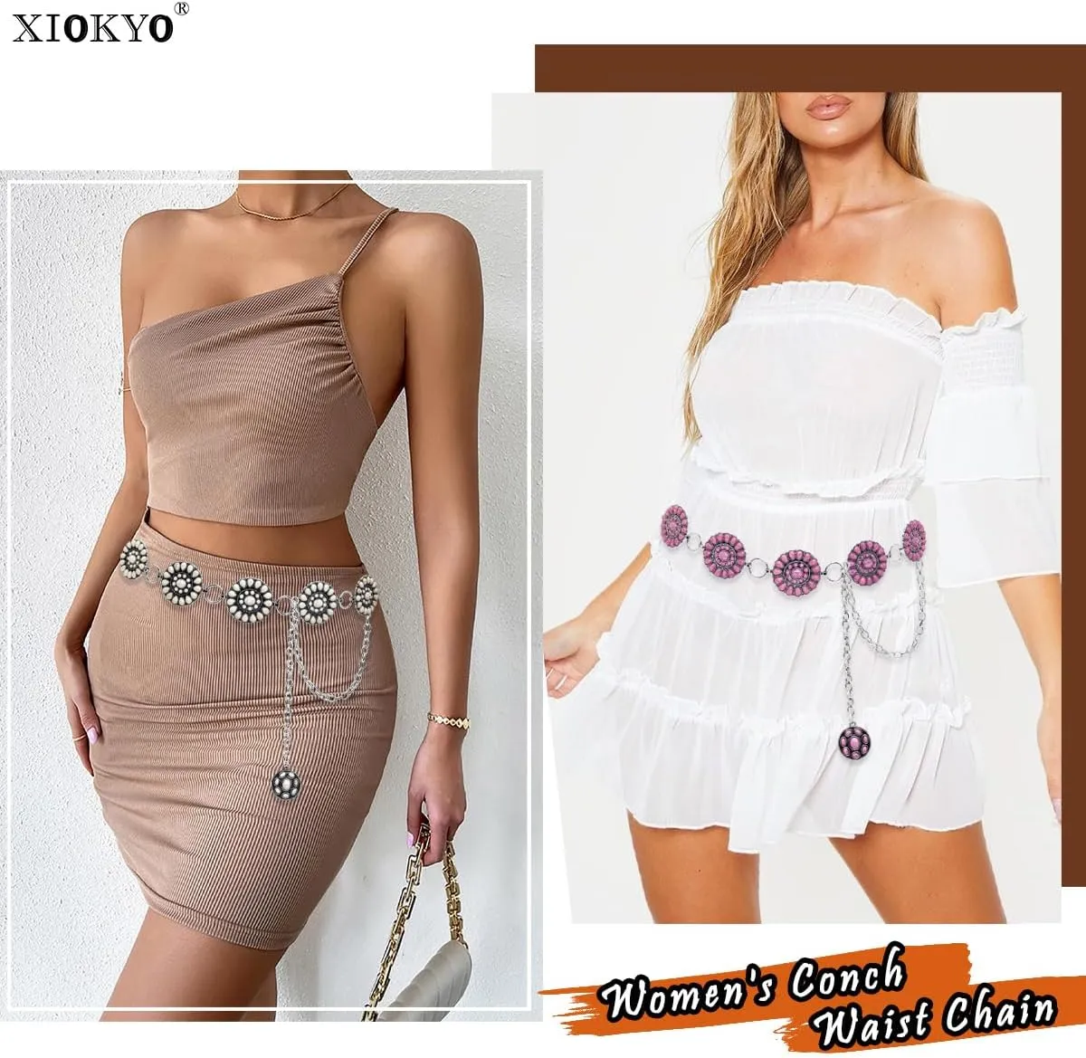 Boho Turquoise Concho Belt Silver Metal Western Turquoise Belts Waist Chain Belt for Women Dress