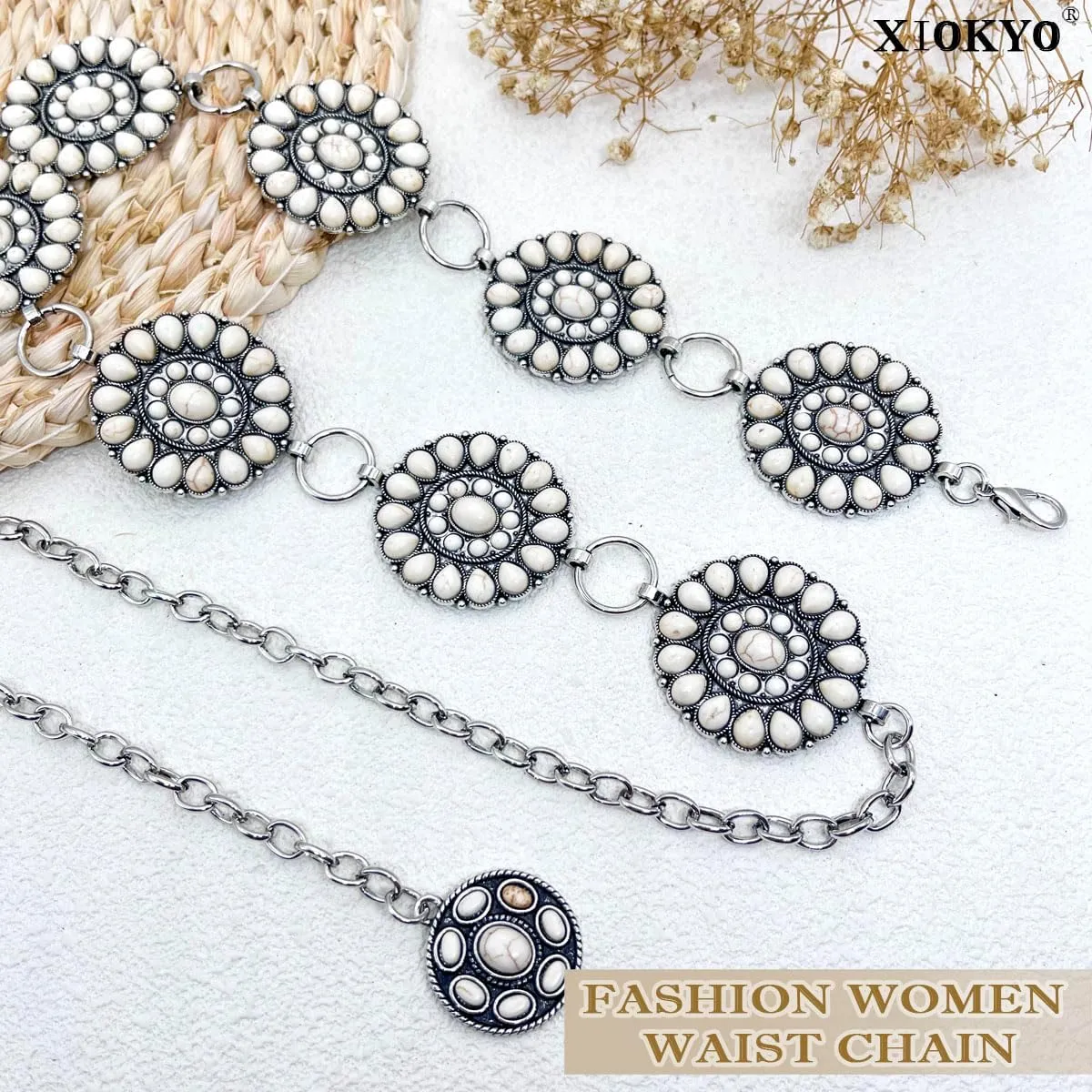 Boho Turquoise Concho Belt Silver Metal Western Turquoise Belts Waist Chain Belt for Women Dress