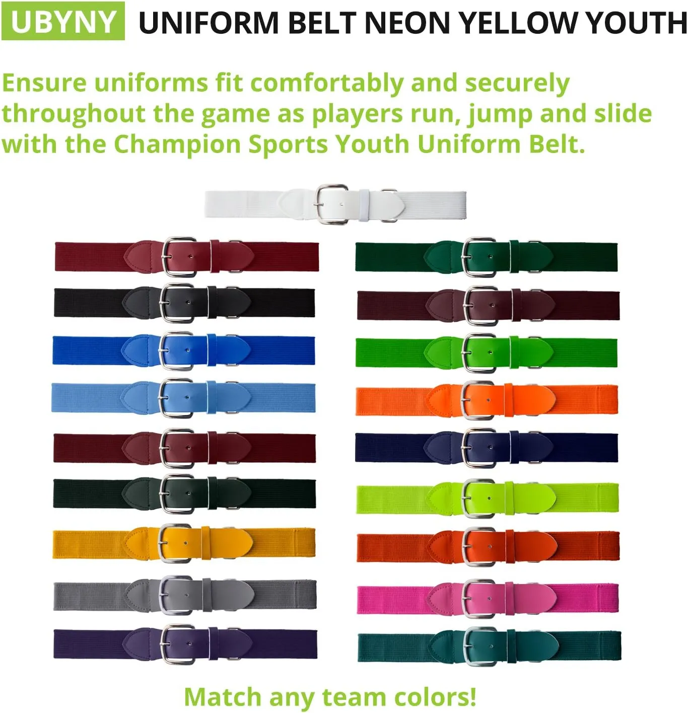 Champion Sports Baseball/Softball Uniform Belt, Comfort Stretch Fit - Durable Syntex Tab, Youth & Adult Sizes
