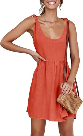 CNJFJ Womens Summer Shoulder Tie Strap Babydoll Dress Casual Scoop Neck A-Line Skater Swing Mini Sundress