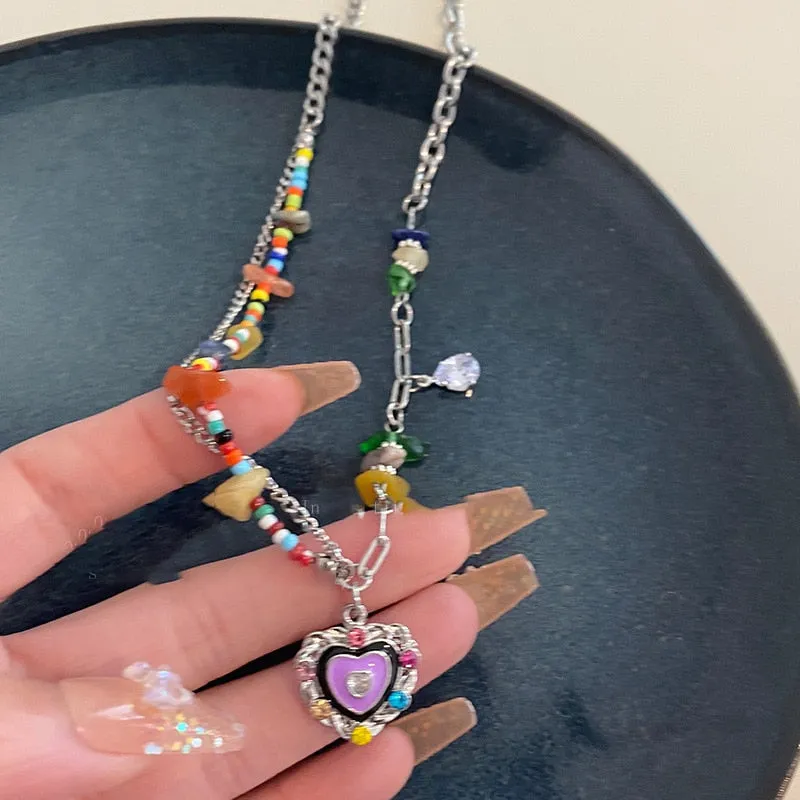 Colored Stone Heart Water Drop Pendant Necklace Purple Crystal Egirl Sweet Cool Clavicle Chain Aesthetic Y2k Jewelry