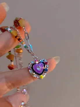 Colored Stone Heart Water Drop Pendant Necklace Purple Crystal Egirl Sweet Cool Clavicle Chain Aesthetic Y2k Jewelry