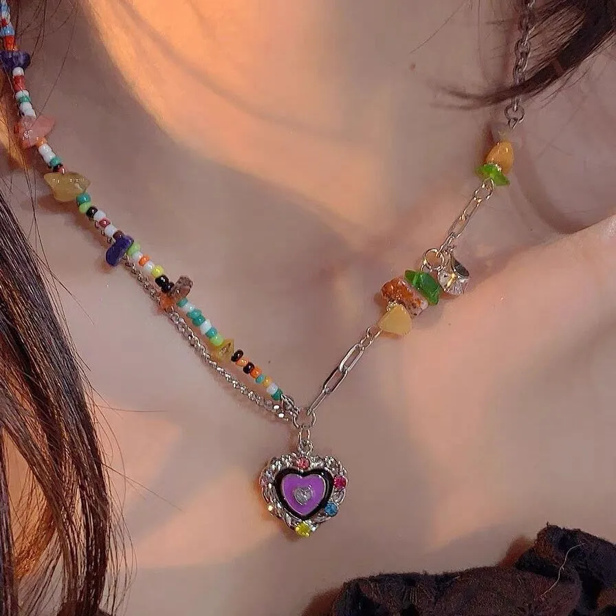 Colored Stone Heart Water Drop Pendant Necklace Purple Crystal Egirl Sweet Cool Clavicle Chain Aesthetic Y2k Jewelry