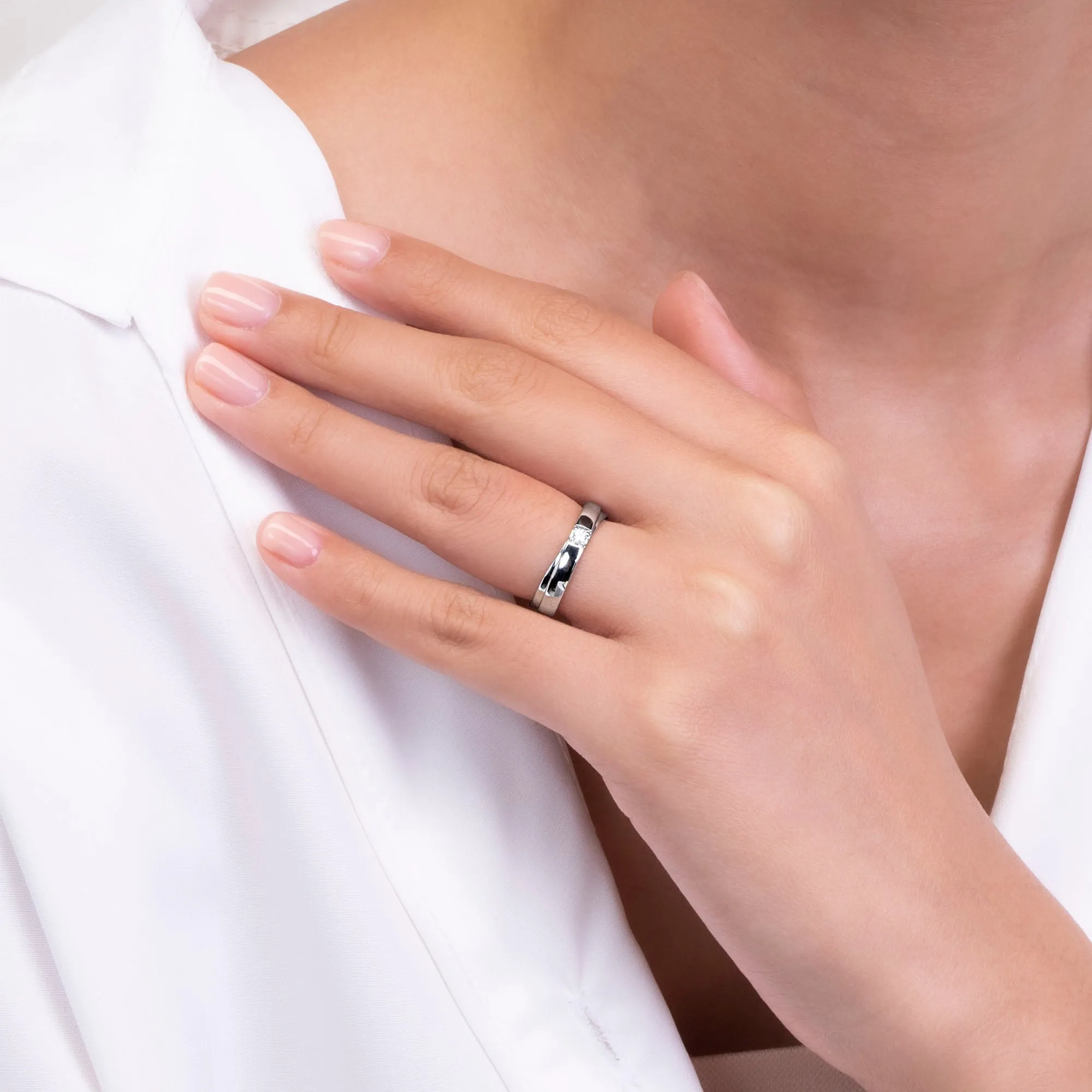 Couple Rings: Silver rhodium plated 2.5 mm round cut CZ cross solitaire ring
