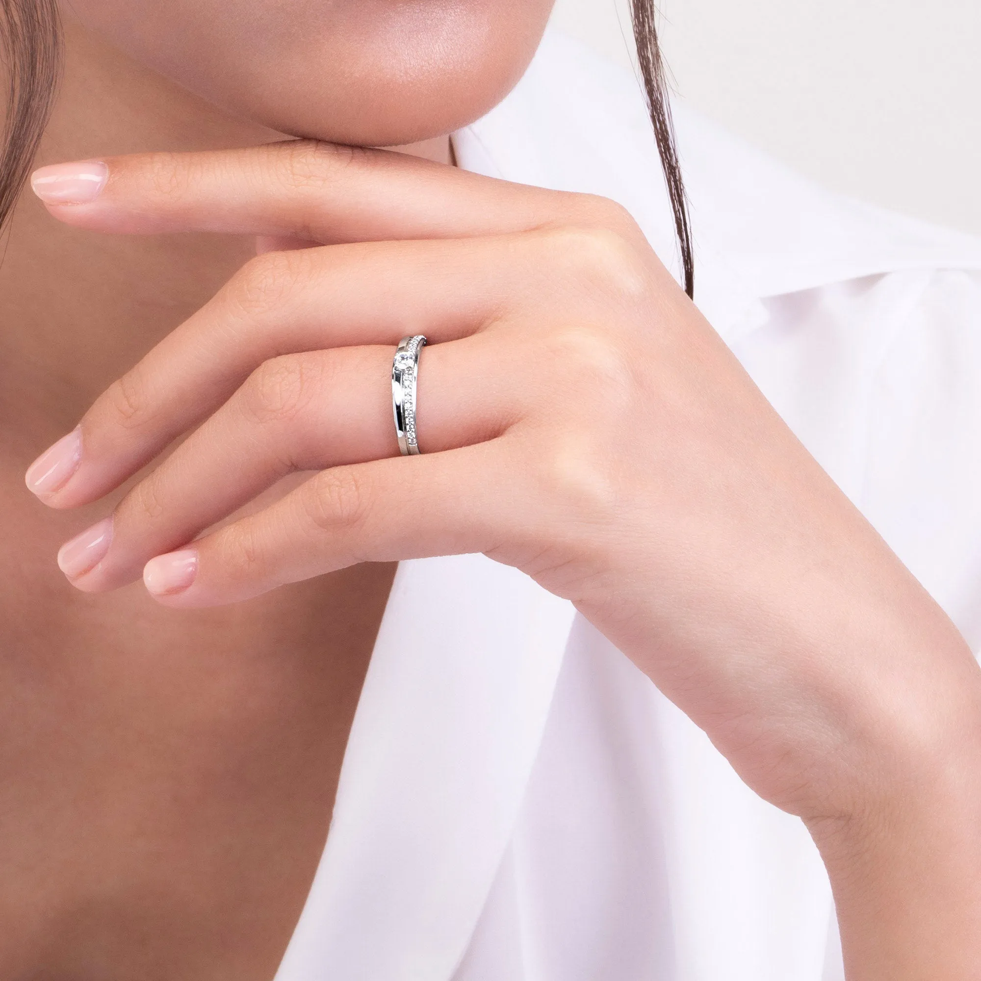 Couple Rings: Silver rhodium plated 3 mm 100 cuts CZ groove solitaire ring