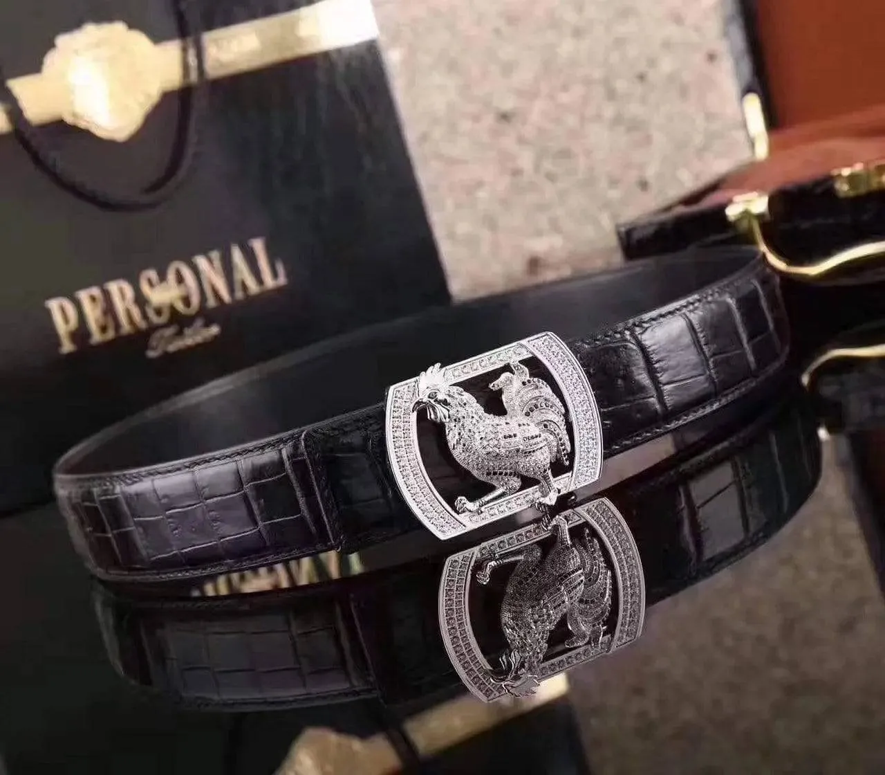 Crocodile Skin  Rooster Belt With Diamond