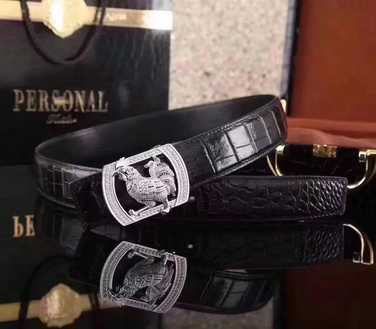 Crocodile Skin  Rooster Belt With Diamond