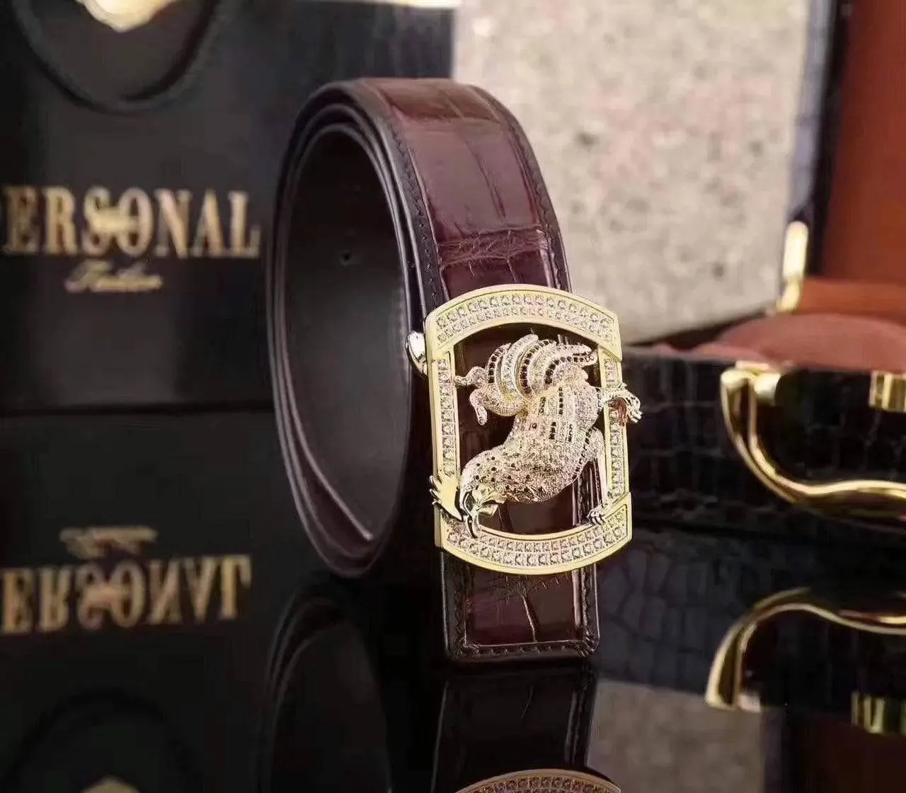 Crocodile Skin  Rooster Belt With Diamond