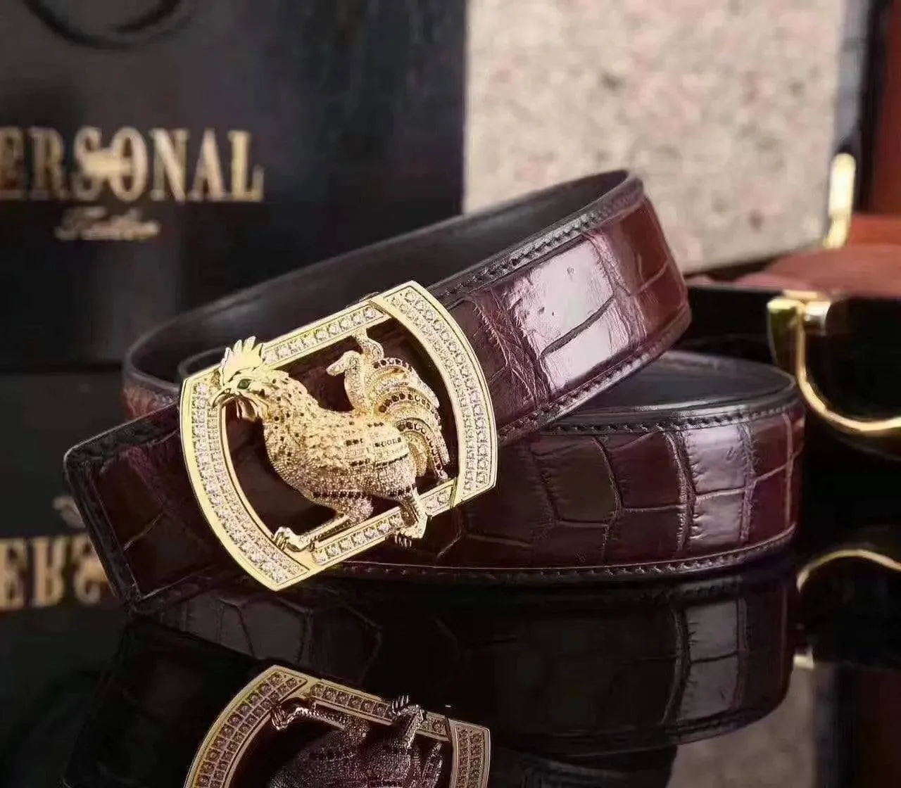 Crocodile Skin  Rooster Belt With Diamond