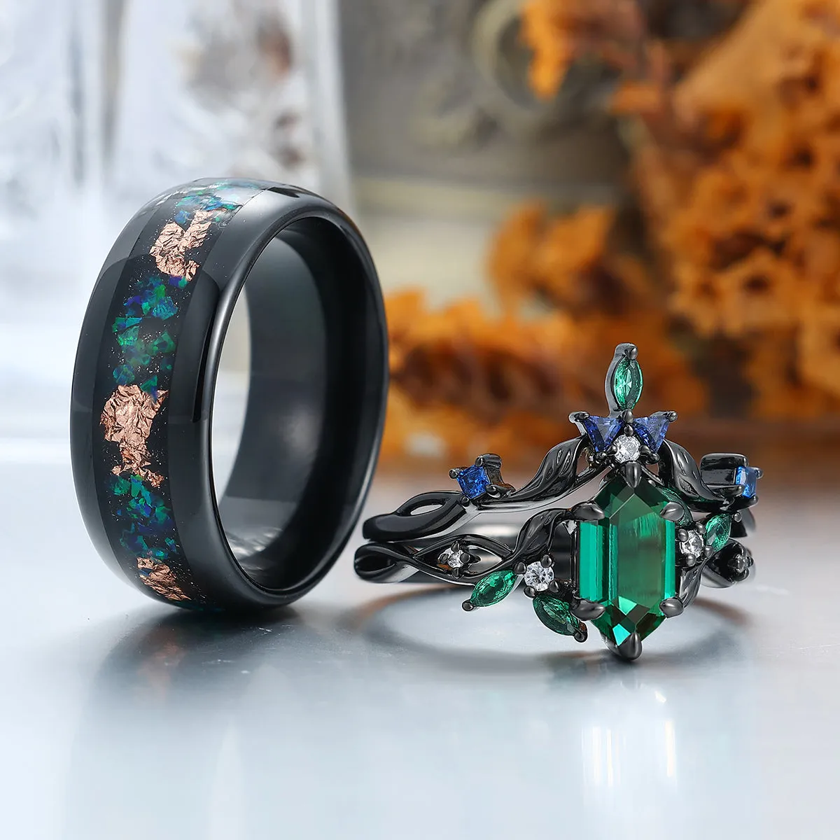 Delicate Emerald Blade Hollow Engagement Couple Rings Matching Colorful Tungsten Wedding Band For Men And Women