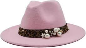 DHAEY Fashion Leopard Texture Pearl Wool Hat Men and Women Jazz Hat Autumn and Winter Versatile Felt Hat Flat Brim Hat with Leopard Belt Luopan Caps & Hats (Color : Rose Red, Size : 59-61cm)