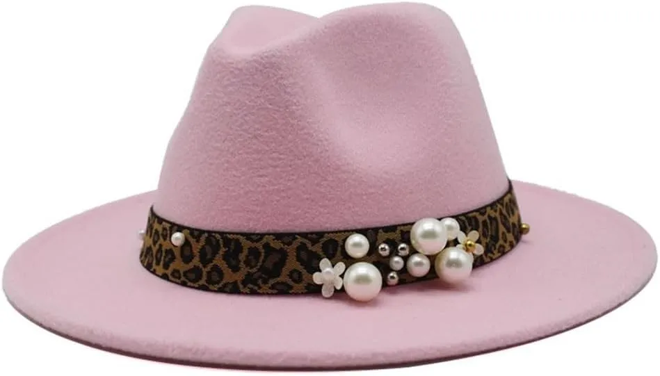 DHAEY Fashion Leopard Texture Pearl Wool Hat Men and Women Jazz Hat Autumn and Winter Versatile Felt Hat Flat Brim Hat with Leopard Belt Luopan Caps & Hats (Color : Rose Red, Size : 59-61cm)