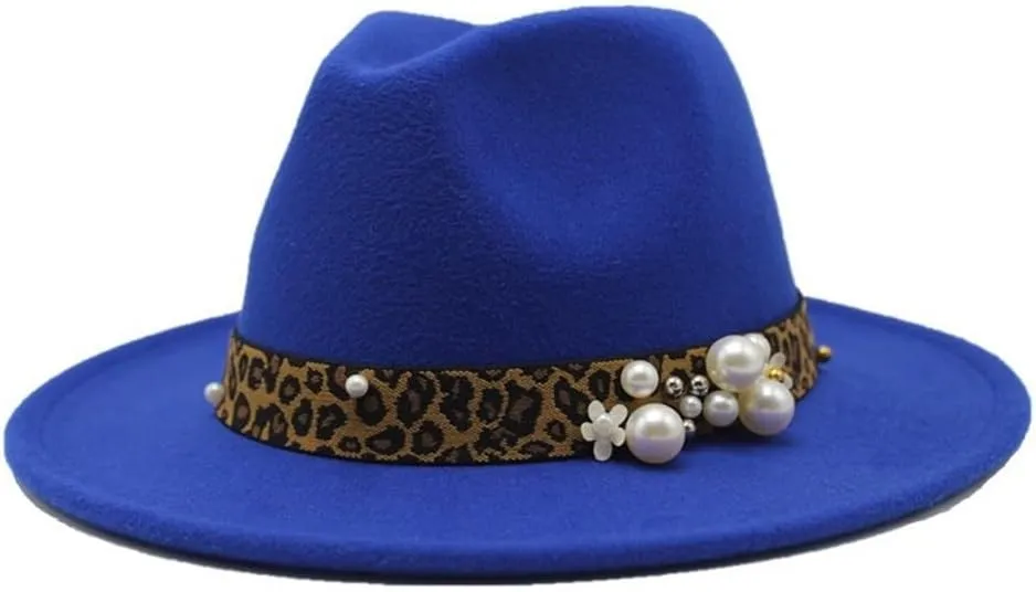 DHAEY Fashion Leopard Texture Pearl Wool Hat Men and Women Jazz Hat Autumn and Winter Versatile Felt Hat Flat Brim Hat with Leopard Belt Luopan Caps & Hats (Color : Royal Blue, Size : 59-61cm)